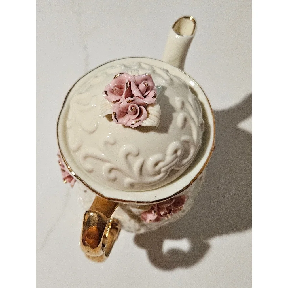 Vintage Miniature Porcelain Teapot Pink 3D Roses Gold Trim Embossed Scroll Decor